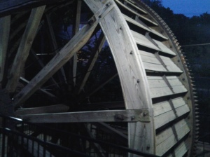 Terryville Water Wheel is lit at night